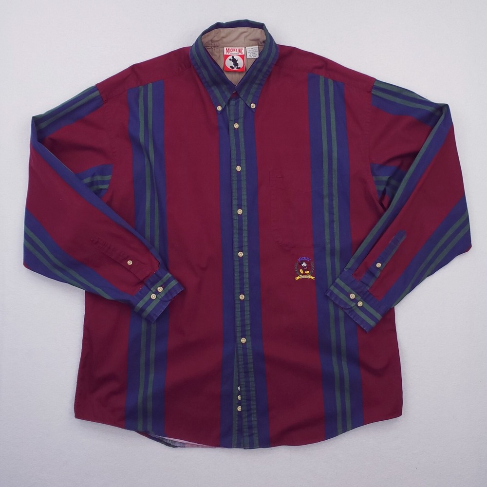 Vintage Disney Mickey Inc Shirt Mens Extra Large Burgundy Blue Striped Button Up